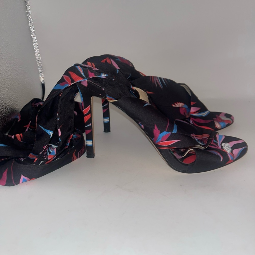 Jessica Simpson Blue Floral Satin Sandals Heels- Sz 7.5 Ankle And Leg Wrap Up